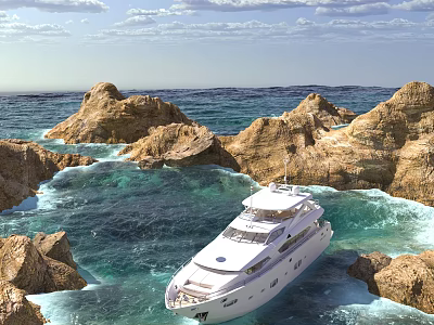 White Luxury Yacht Sailing In Blue Sea By Rocky Cliffs 3d model