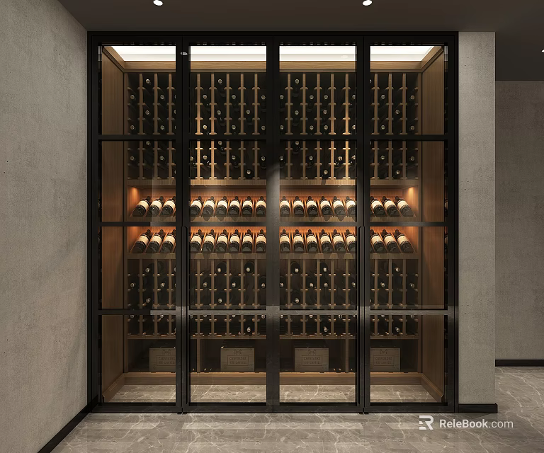Modern Wine Cabinet With Glass Doors Metal Frame And Illuminated Wooden Wine Racks 3d model 
