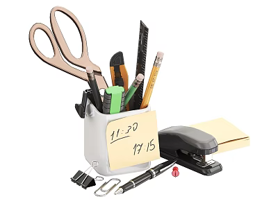 Assorted Pens Pencils in White Stationery Holder with Scissors Ruler Stapler Sticky Notes Calendar 3d model