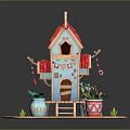 Cartoon Scene Small House With Red Roof Blue Walls Wooden Staircase And Potted Plants