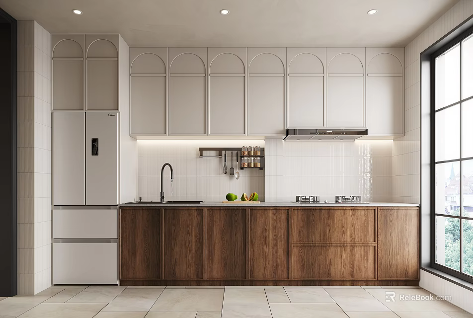Modern Kitchen Interior With White Refrigerator Wooden And White Cabinets Sink Range Hood And Cooktop 3d model 