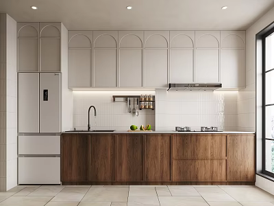 Modern Kitchen Interior With White Refrigerator Wooden And White Cabinets Sink Range Hood And Cooktop 3d model