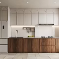 Modern Kitchen Interior With White Refrigerator Wooden And White Cabinets Sink Range Hood And Cooktop