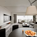 Modern Living Dining Room Interior With TV Sofa Dining Table Pendant Light And City View