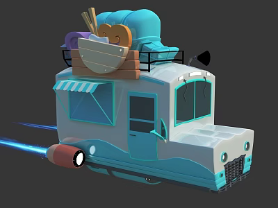Blue And White Functional Utility Vehicle With Roof Rack Basket Bread And Chopsticks 3d model