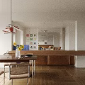 Modern Living and Dining Room Interior with Dining Table Sofa Wall Art and Pendant Light