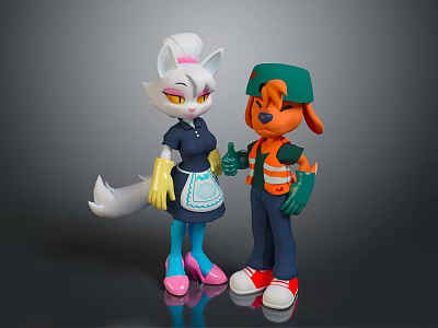 Animated Game Characters White Cat Yellow Gloves Apron And Orange Dog Green Hat Thumbs Up 3d model