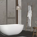 Minimalist Modern Bathroom Interior With White Bathtub Wooden Ladder And Stool