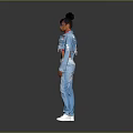 Woman Wearing Red Top Blue Denim Jacket Blue Jeans And Black Bun Hairstyle