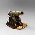 Vintage Cannon with Rusty Barrel Wooden Wheels Sandbags and Cannonball as Retro Military Weapon