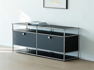 Modern Sideboard With Metal Frame And Black Cabinet Doors Featuring Items On Top 3d model