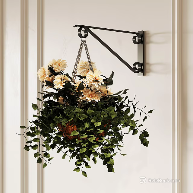Hanging Potted Plant on Wall with White Flowers Green Leaves and Metal Bracket 3d model 