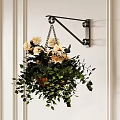 Hanging Potted Plant on Wall with White Flowers Green Leaves and Metal Bracket