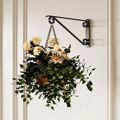 Hanging Potted Plant on Wall with White Flowers Green Leaves and Metal Bracket 3d model