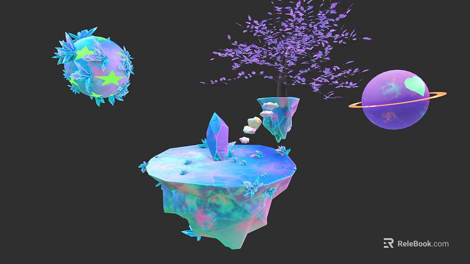 Fantasy Themed Sculptural Carvings With Star Spheres Purple Tree Floating Island Crystal And Planet 3d model 