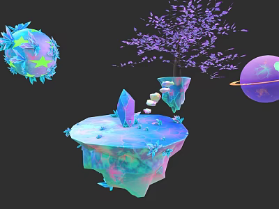 Fantasy Themed Sculptural Carvings With Star Spheres Purple Tree Floating Island Crystal And Planet 3d model