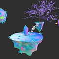 Fantasy Themed Sculptural Carvings With Star Spheres Purple Tree Floating Island Crystal And Planet