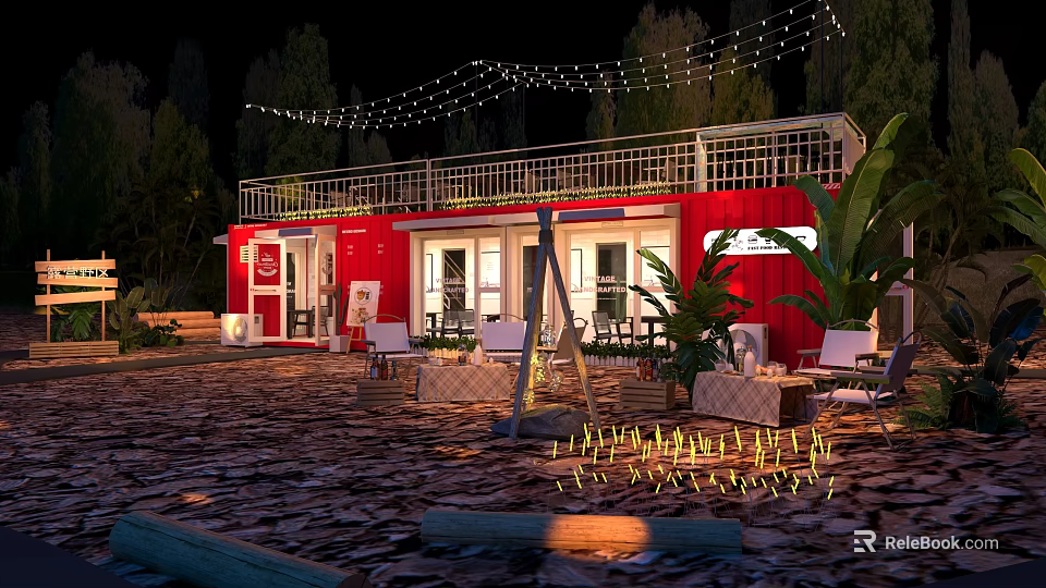 Red Container Building at Night with Outdoor String Lights Plants and Patio Furniture 3d model 