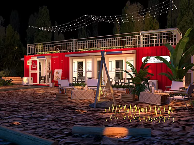 Red Container Building at Night with Outdoor String Lights Plants and Patio Furniture 3d model