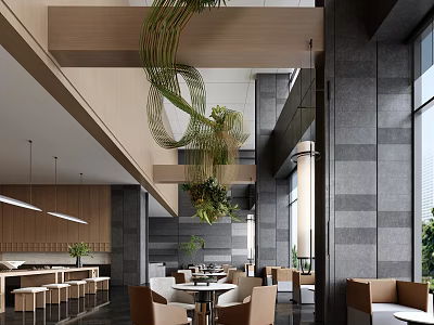 Modern Sales Office Interior Design With Wooden Elements Green Plants And Seating Areas 3d model