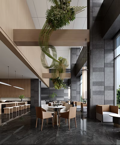 Modern Sales Office Interior Design With Wooden Elements Green Plants And Seating Areas 3d model
