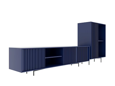 Sleek Modern Navy Blue TV Stand With Ribbed Design Open Shelves And Metal Legs 3d model