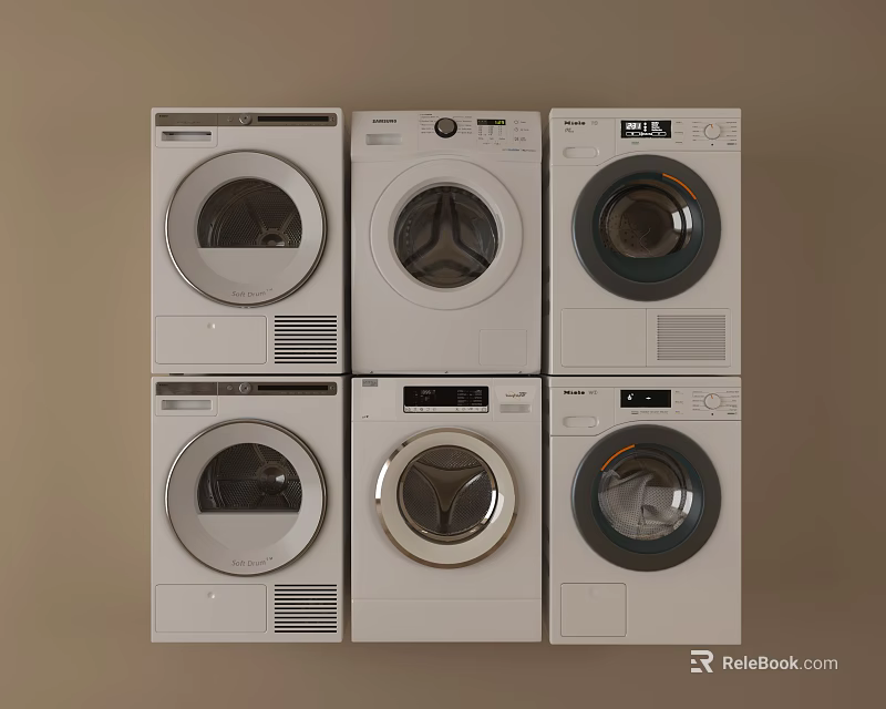 Multiple White Washing Machines Different Models Arranged in Rows Home Laundry Appliances 3d model 