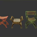 Three Variously Designed Wooden Stools With Leather And Fabric Seats And Carved Legs