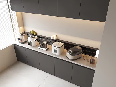 Bright Modern Kitchen Countertop With Dark Cabinets And Multiple Small Appliances 3d model