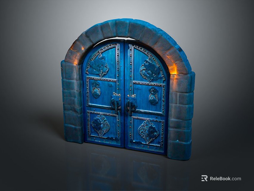 Blue Carved Double Doors With Stone Arch Frame And Illuminated Lights 3d model 