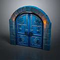 Blue Carved Double Doors With Stone Arch Frame And Illuminated Lights