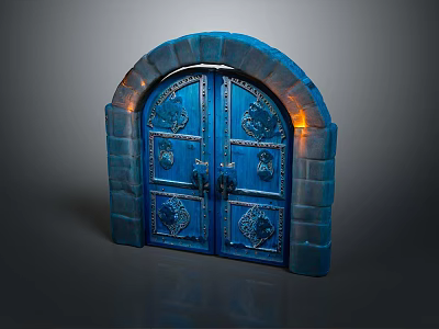 Blue Carved Double Doors With Stone Arch Frame And Illuminated Lights 3d model