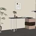 Modern Desk With Black Tabletop Metal Legs Storage Boxes Green Plant And Abstract Painting