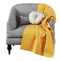 Gray Fabric Single Sofa with Yellow Blanket Decorative Pillow and Black Legs