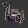 Metal Cart With Red Blue White Striped Packages And Wheels On Dark Background