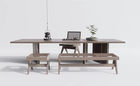 Qui Cha Table and Chair Rattan Leisure Chair Desk and Chair 3d model