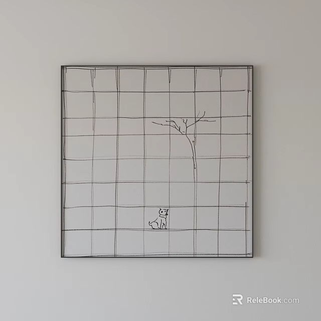 Minimal Abstract Painting With Grid Background Tree Branch And Small Animal 3d model 