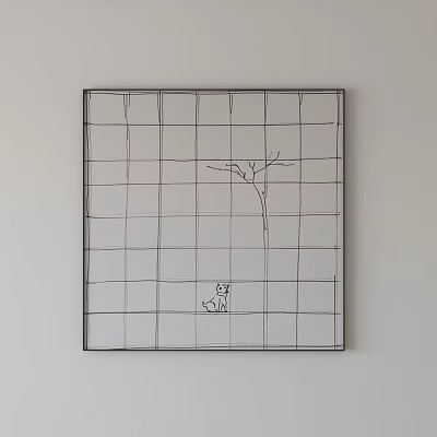 Minimal Abstract Painting With Grid Background Tree Branch And Small Animal 3d model