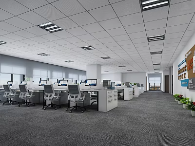 Public Office Space Interior With Arranged Desks Computers Large Windows And Ceiling Lights 3d model