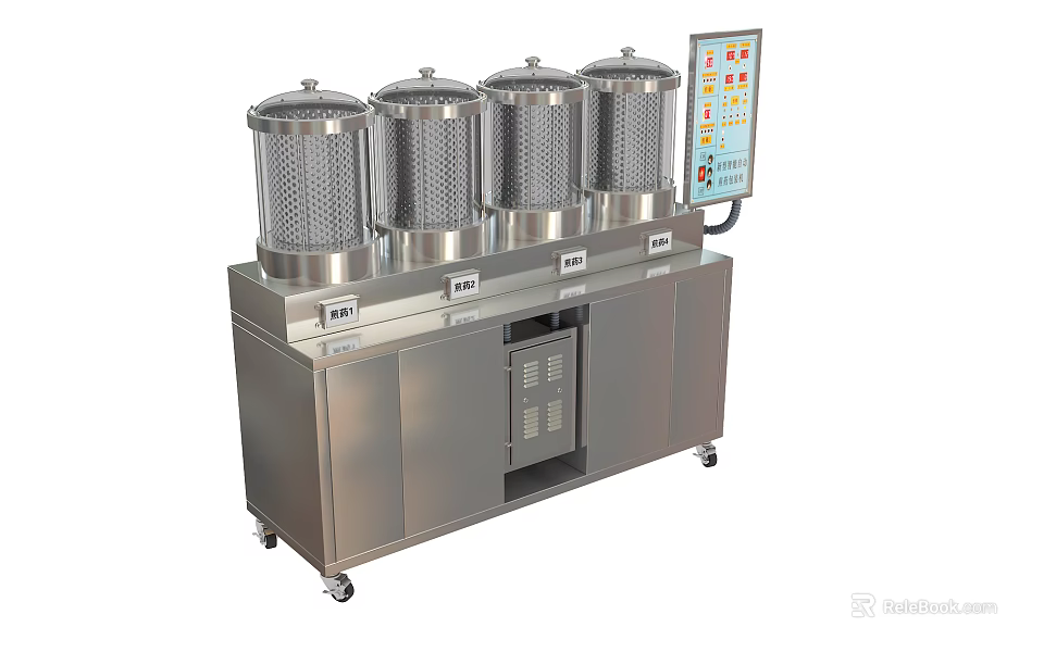 Professional Stainless Steel Medical Equipment With Four Cylindrical Containers Transparent Lids Control Panel And Wheels 3d model 