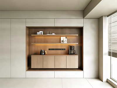 Modern Built in Sideboard with Light Wood Finish and Coffee Machine in Bright Room 3d model