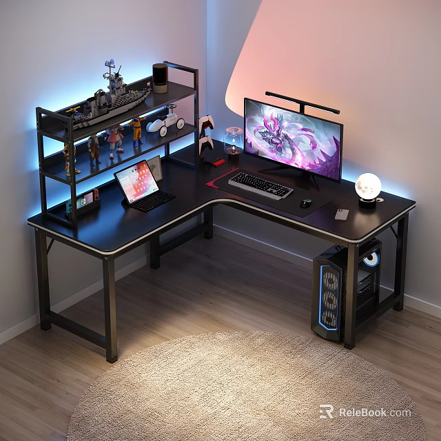 Modern L Shaped Gaming Desk With LED Shelves Action Figures Monitor And Laptop 3d model 
