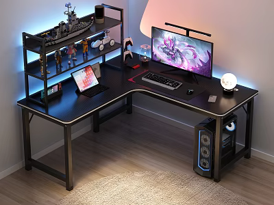 Modern L Shaped Gaming Desk With LED Shelves Action Figures Monitor And Laptop 3d model
