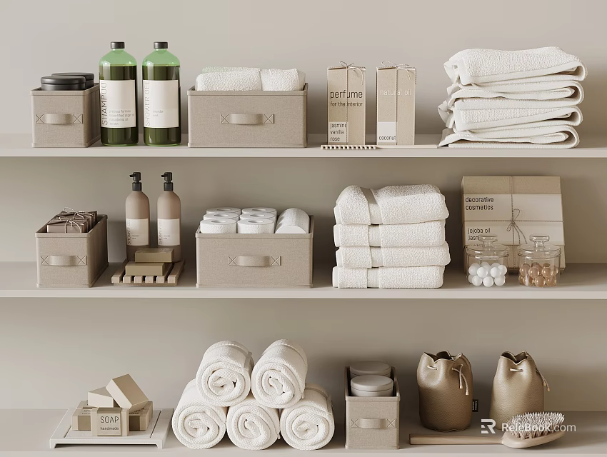 Laundry and Daily Essentials on Shelves with Rolled Towels Green Bottles Storage Boxes and Soap 3d model 