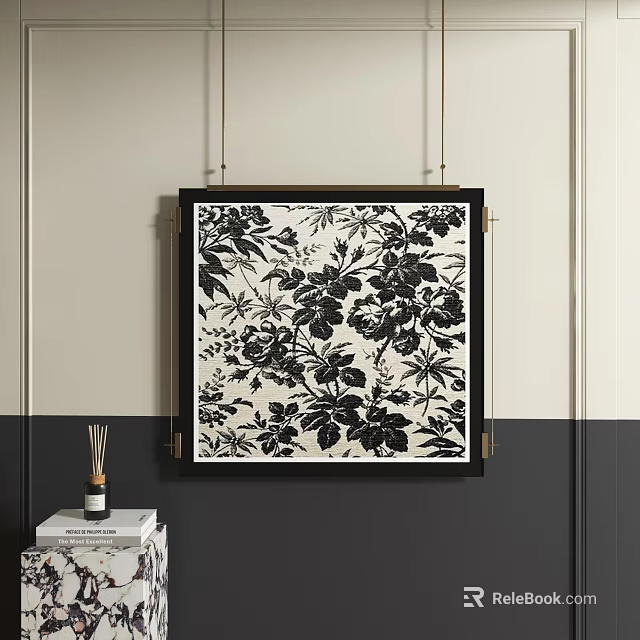 Black and White Floral Pattern Abstract Painting in Black Frame Hanging on Interior Wall 3d model 