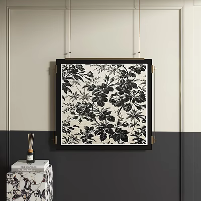 Black and White Floral Pattern Abstract Painting in Black Frame Hanging on Interior Wall 3d model
