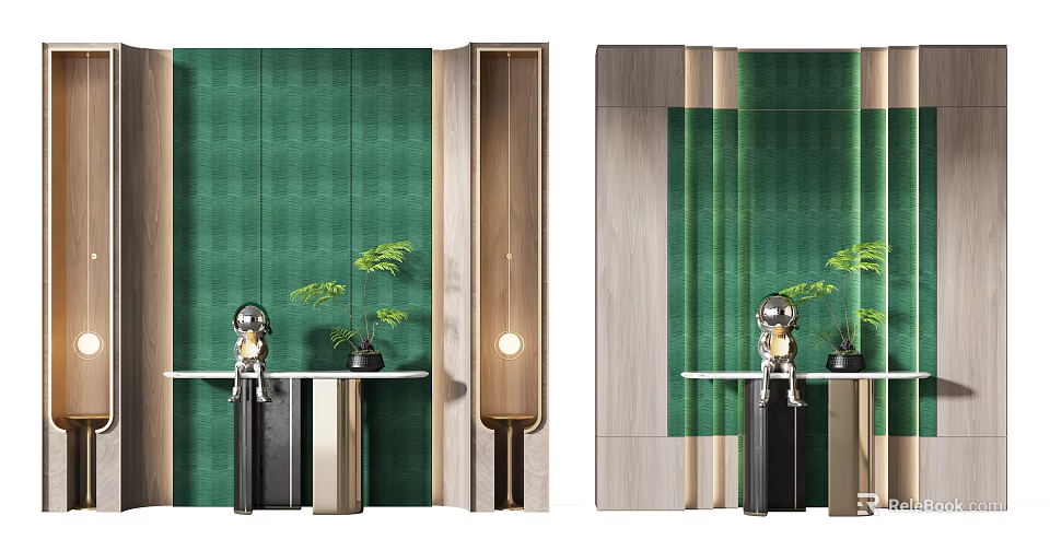 Green Textured Wall Interior with Wooden Metal Accents Potted Plants and Figurines 3d model 