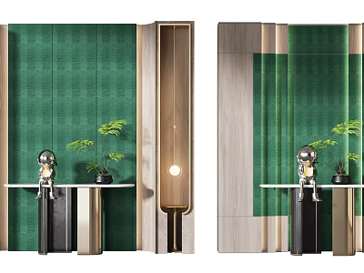 Green Textured Wall Interior with Wooden Metal Accents Potted Plants and Figurines 3d model