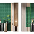 Green Textured Wall Interior with Wooden Metal Accents Potted Plants and Figurines