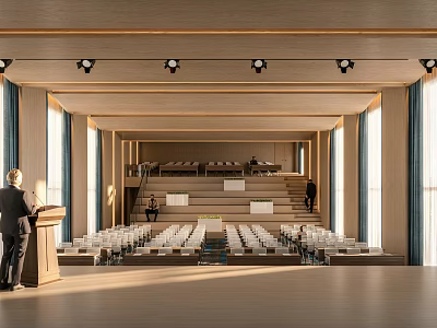 Spacious Conference Room Interior Design With Tiered Seating Podium Ceiling Lights And Large Windows 3d model